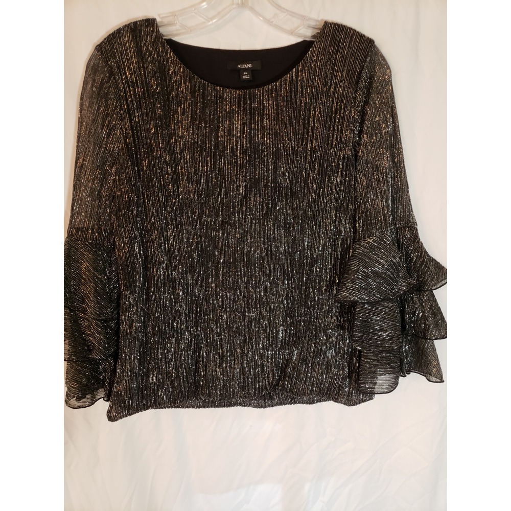Women's Alfani Black And Shiny Silver Ruffled Sleeve Top Size Petite M